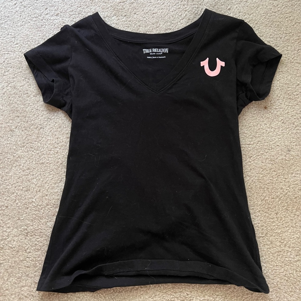 True Religion X Small Black Tee Shirt w Pink Logo